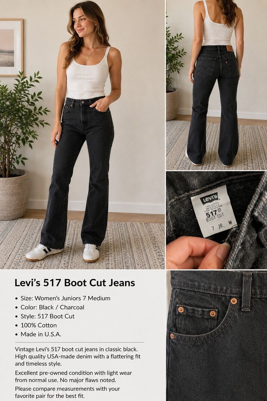 Vintage Levi's 517 Boot Cut Jeans Women's Juniors 7 M Black USA 100% Cotton Y2K